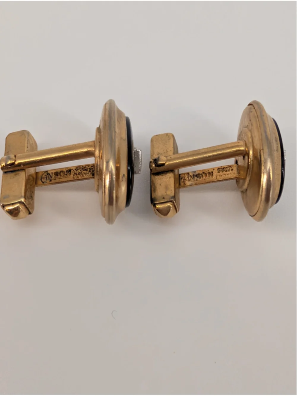 Vintage Anson Pat Pend MCM Gold Tone Black Oval Rhinestone Cufflinks Formalwear